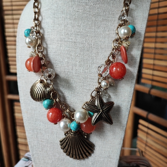 Erica Lyons EL Seashell Faux Pearl Glass Beaded Necklace Starfish Turquoise EUC - Picture 9 of 15